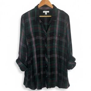 Boutique+ Relaxed Fit Plaid Button Down Shirt 3X Roll Sleeves